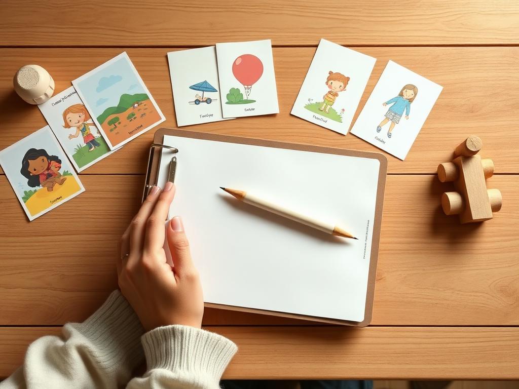 Therapist's hands with clipboard and picture cards on a wooden table