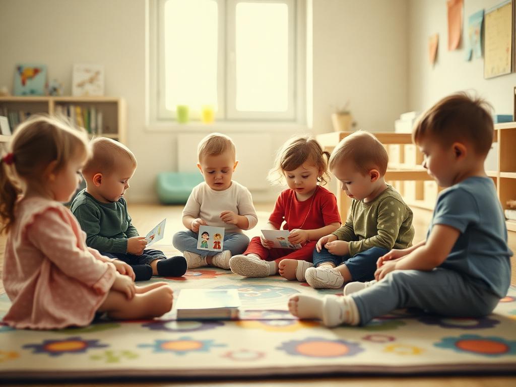 Small group of preschool children sharing picture cards on a classroom rug
