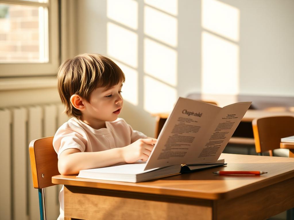 School-aged child reading a chapter book at a classroom desk